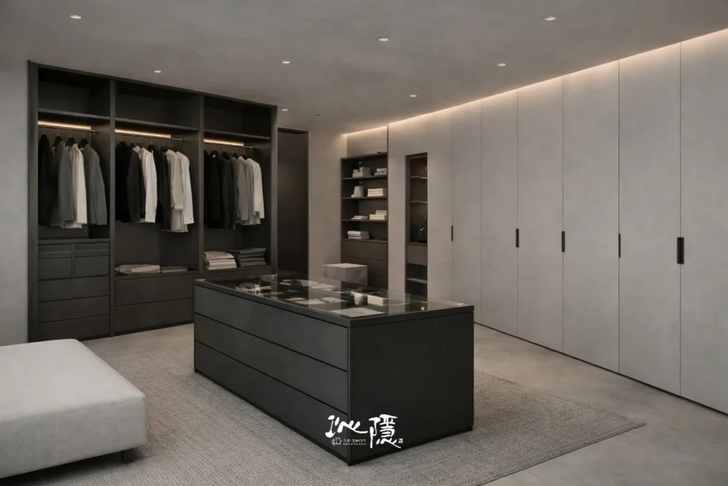 Chinn Interior 當代極簡風格概念圖：極簡住宅・灰域靜影，以灰階材質、石感紋理與俐落空間線條，呈現安靜理性的現代住宅氛圍。