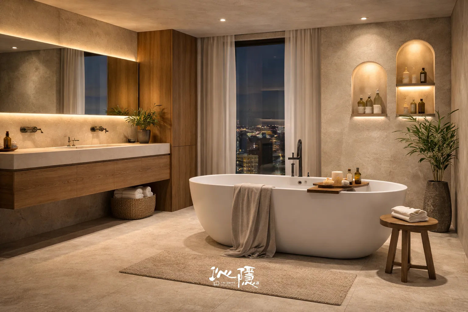 沁隱設計 Chinn Interior - 現代高定 Japandi 風格浴室設計 - 奢華雙水槽木質浴櫃與獨立浴缸局部，搭配圓弧壁龕間接照明