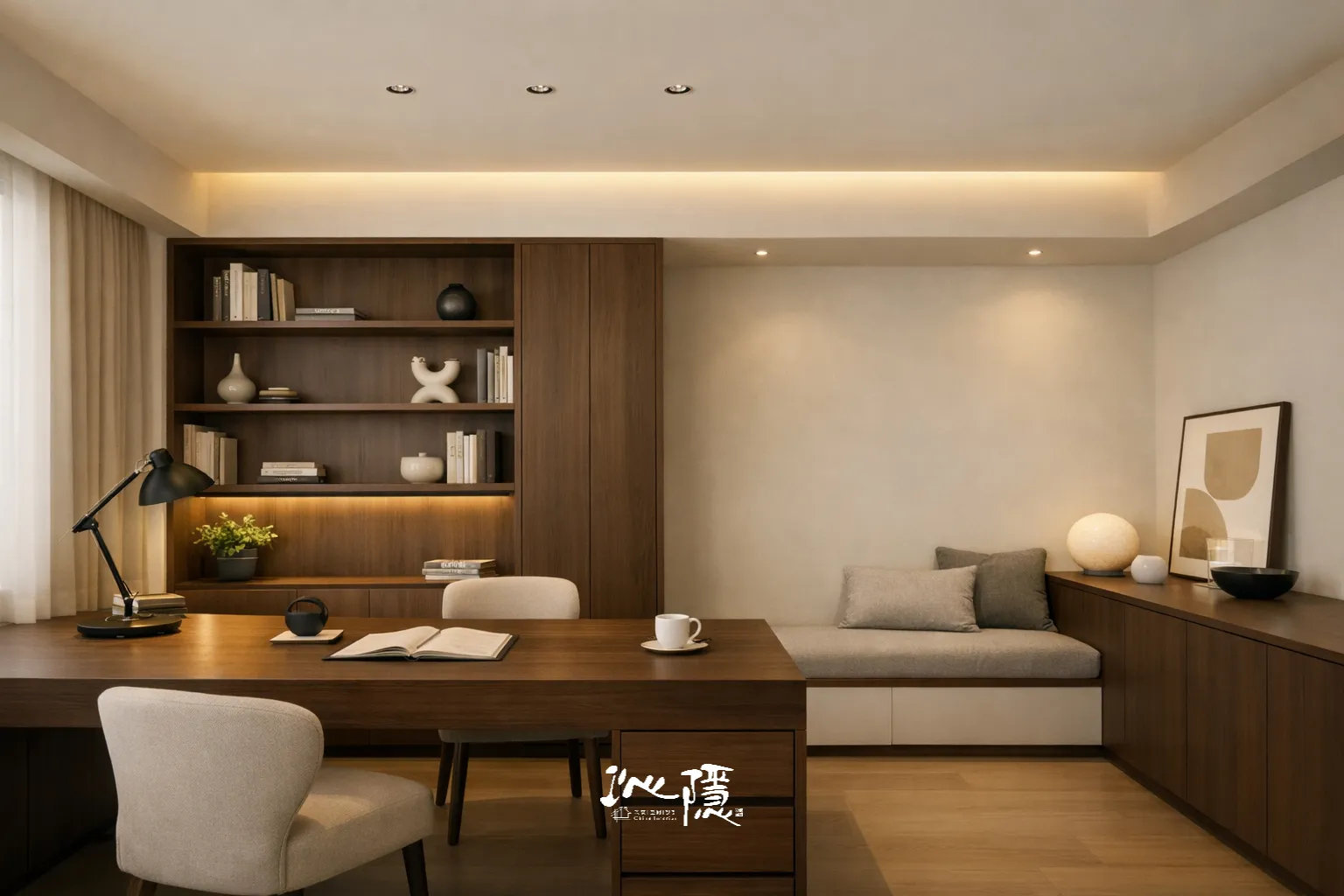 沁隱設計 Chinn Interior - Japandi 風格室內設計 - 暖木柔光局部端景，隱藏式間接照明與現代線條櫃體設計