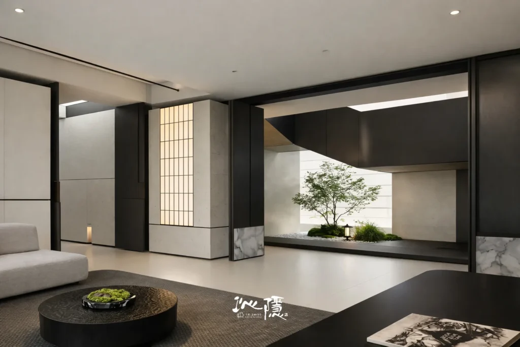 Chinn Interior 日式侘寂風格概念圖：以深色木質、岩灰材質與柔和暖光，呈現沉靜內斂的日式現代空間氛圍。