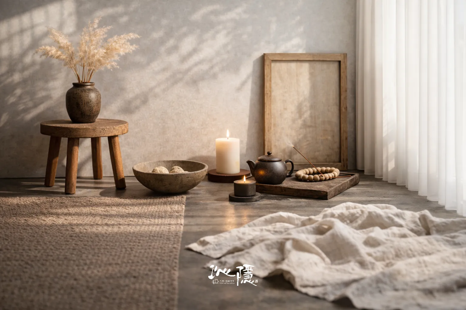 Chinn Interior About 頁設計哲學材質理念圖，織品、木質、陶器與自然肌理構成溫潤細膩的空間氛圍。