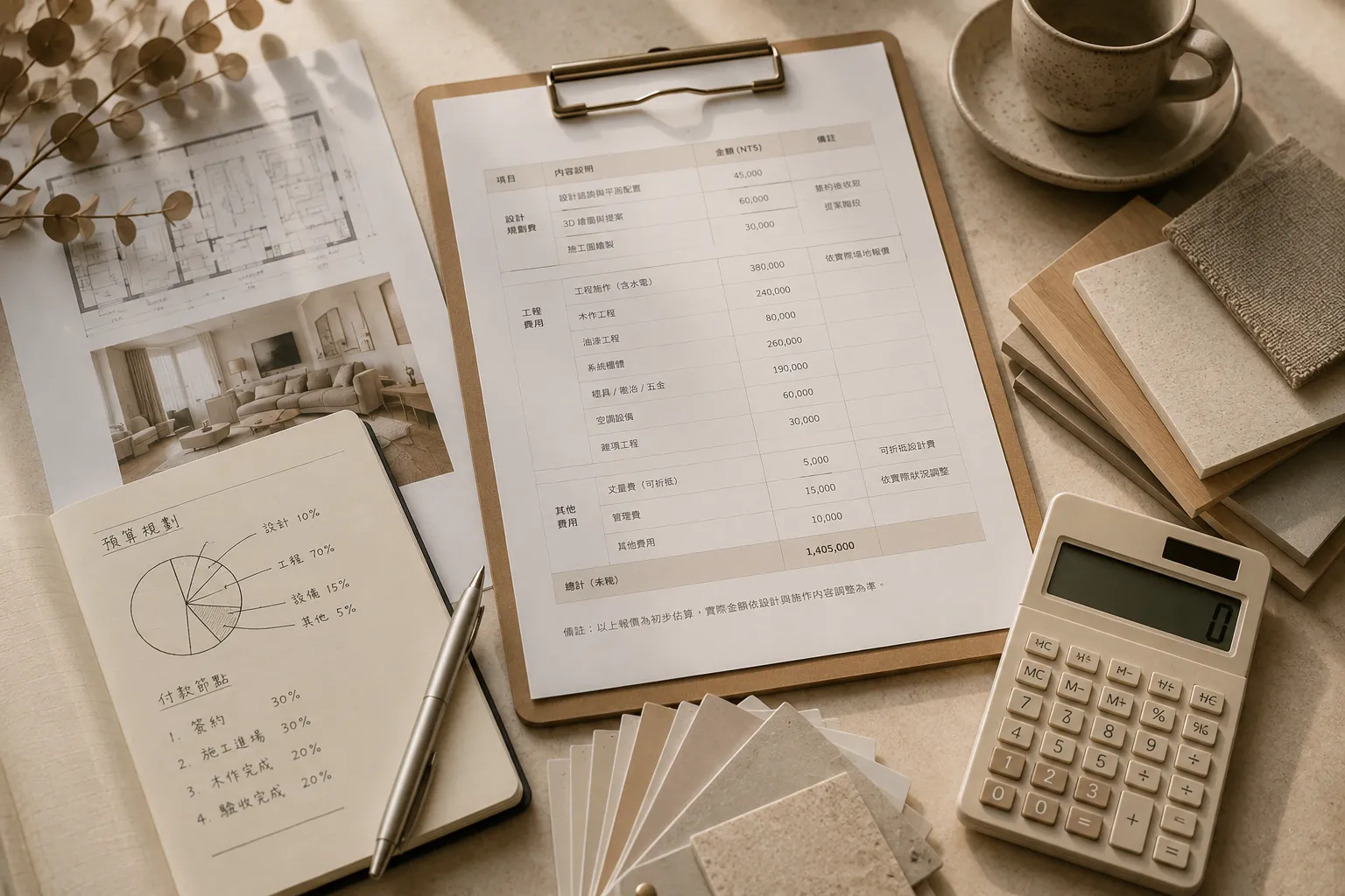 Chinn Interior 室內設計費用與付款規劃桌面，呈現預算表、付款節點、材質樣本與空間提案資料。