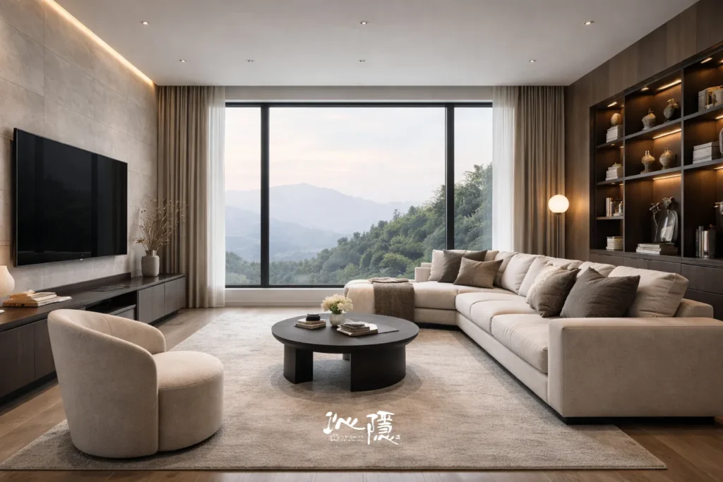 CHINN INTERIOR 沁隱住宅公共空間，客廳、窗景、家具與整面收納櫃共同呈現室內設計預算規劃後的整體配置。