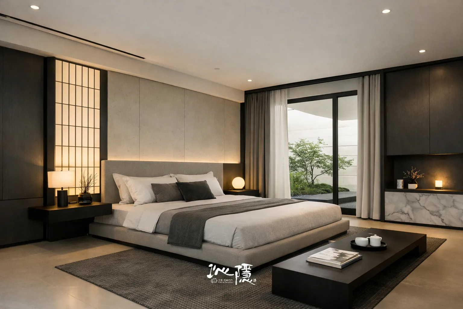 Chinn Interior 日式侘寂風格概念：墨岩色調、低彩度牆面與柔和光影交織的沉靜室內空間。