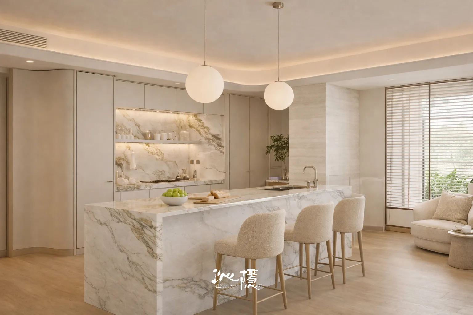 CHINN INTERIOR 沁隱暖色住宅公共空間，整合客廳、餐廚區、家具尺度與自然採光，呈現格局與生活動線的關係。