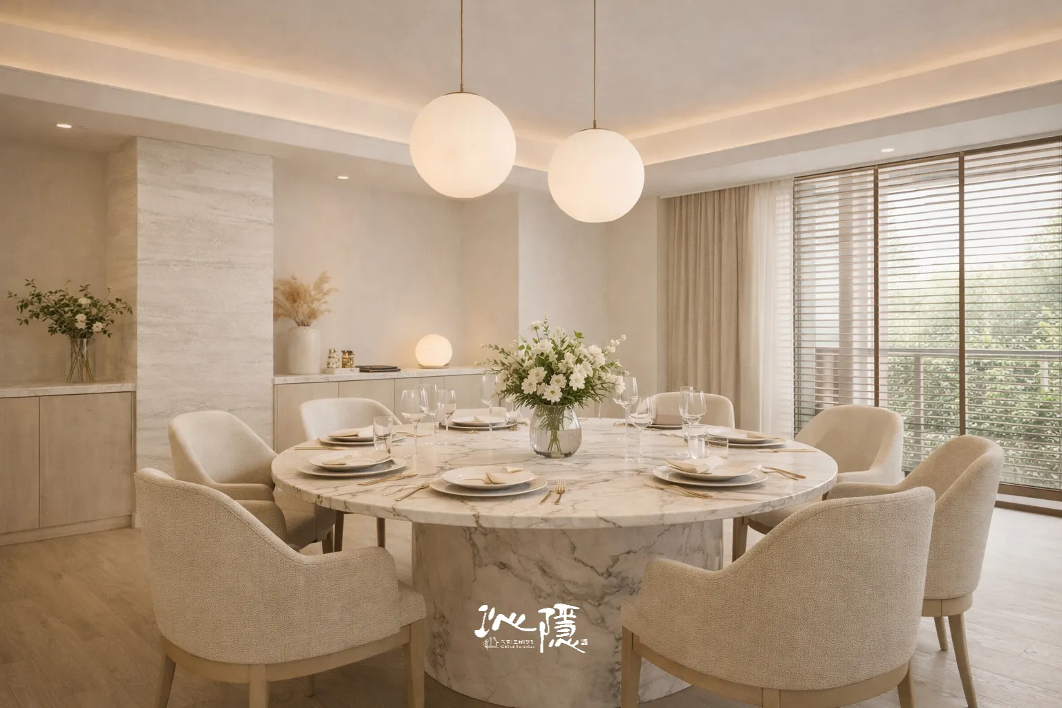 CHINN INTERIOR 沁隱住宅設計，以暖米材質、家具尺度、窗簾、燈具與自然光線呈現設計深化階段的空間整合。