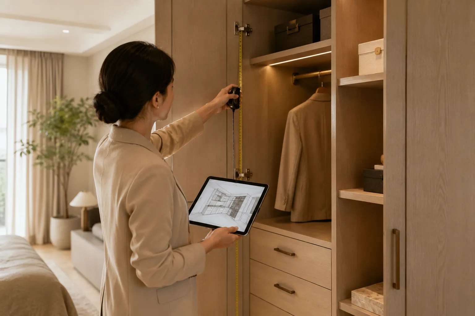 Chinn Interior 設計師於現場量測訂製收納櫃，並以平板核對櫃體配置與設計圖。